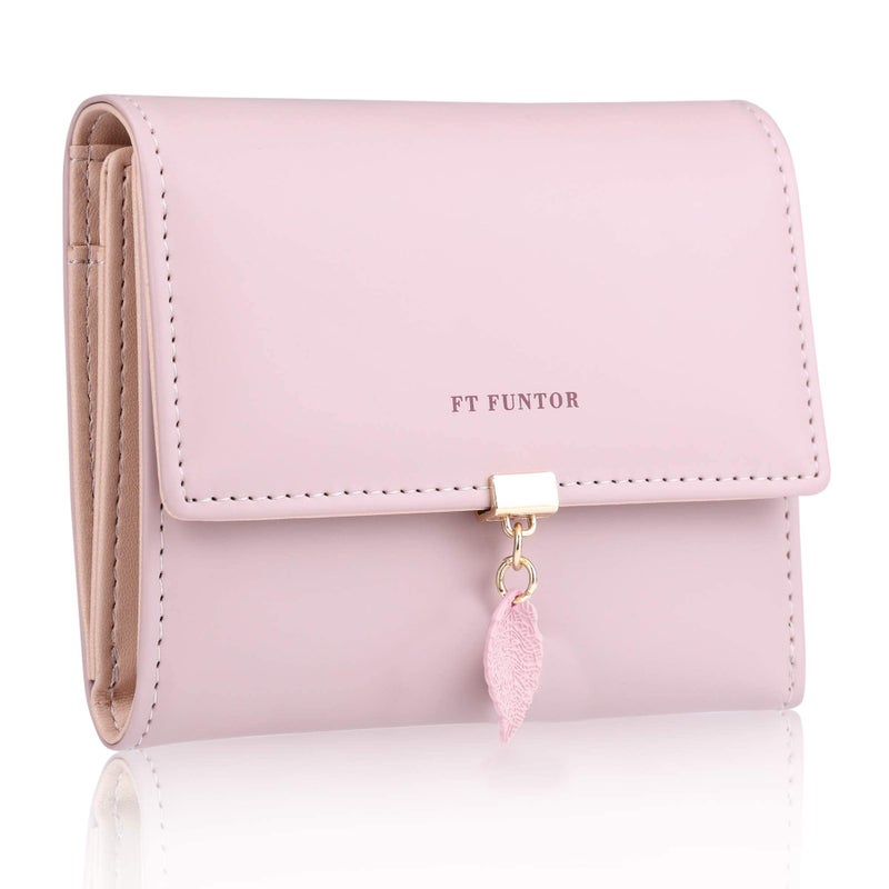 FT FUNTOR RFID Wallets for Women, Leaf Card Holder Trifold Ladies Wallets Coins Zipper Pocket with ID Window Pink - Image 1